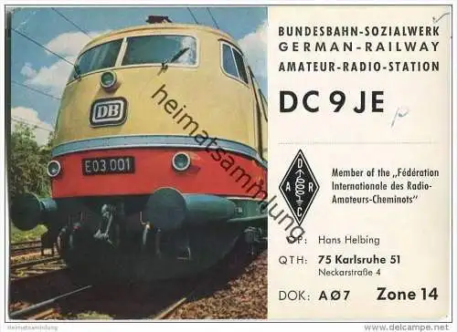 QSL - QTH - Funkkarte - DC9JE - Karlsruhe - Bundesbahn-Sozialwerk - 1969