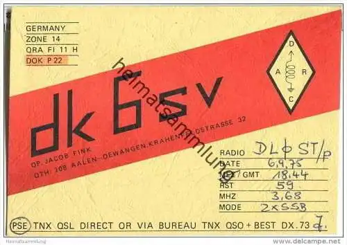 QSL - QTH - Funkkarte - DK6SV - Aalen-Dewangen - 1975
