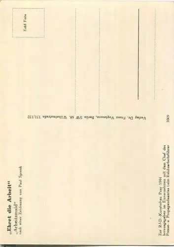Arbeitsmaid - Ehret die Arbeit - Paul Sprenk - zur RAD Kunstschau Prag 1944 - Verlag Dr. Franz Vogtmann Berlin Nr. 1009