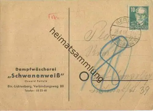 Ortskarte Berlin-Lichtenberg 1 am 29.Juni 1949 nach Tempelhof - Nachgebühr 10 Pf. - dann 8 Pf. Ortsgebühr