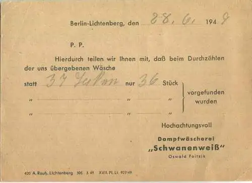 Ortskarte Berlin-Lichtenberg 1 am 29.Juni 1949 nach Tempelhof - Nachgebühr 10 Pf. - dann 8 Pf. Ortsgebühr