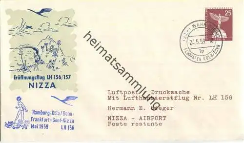 Luftpost Deutsche Lufthansa - Eröffnungsflug Wahn - Nizza am 24.Mai 1959 - Ganzsache