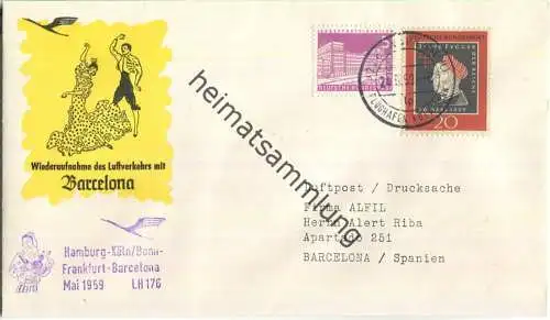 Luftpost Deutsche Lufthansa - Wiederaufnahme des Luftverkehrs Köln - Barcelona am 25.Mai 1959