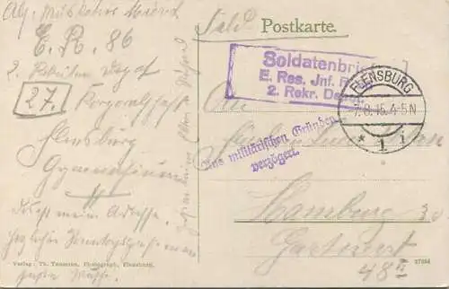 Flensburg - Gymnasium - Verlag Th. Thomsen Flensburg - Feldpost - Soldatenbrief gel. 1915