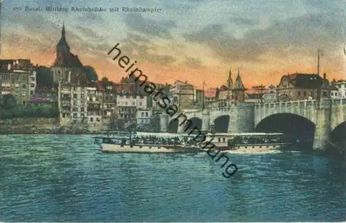 Basel - Mittlere Rheinbrücke mit Rheindampfer - Verlag Paul Schmidt Basel - gel. 1927