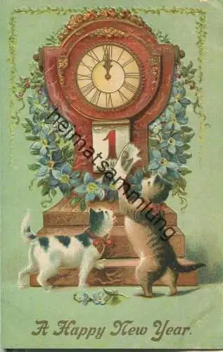 Neujahr - A Happy New Year - Katzen - Uhr - Prägedruck