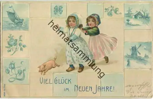 Neujahr - Delfter Kacheln - Prägedruck - Verlag M. S. i. B. 13658