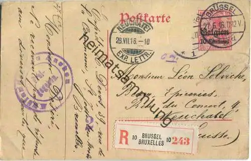 10 Centimes - Landespost in Belgien - Postkarte rechts vom Teilungsstrich - Einschreiben - Zensur