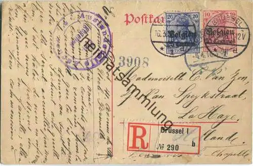 10 Centimes - Landespost in Belgien - Postkarte rechts vom Teilungsstrich - Einschreiben - Zensur