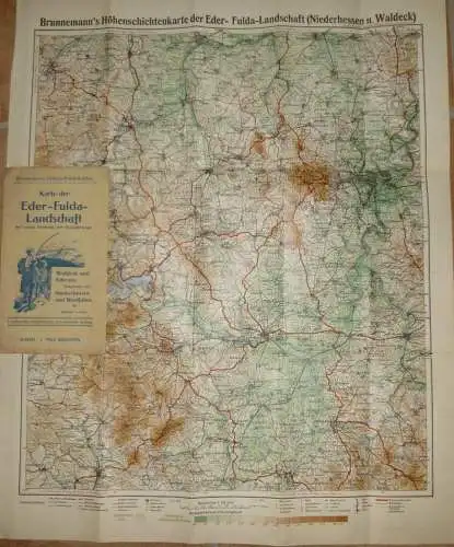 Deutschland - Karte der Eder-Fulda-Landschaft mit rotem Eindruck der Wanderwege um 1910 - 53cm x 63cm 1:115'000 - Einban