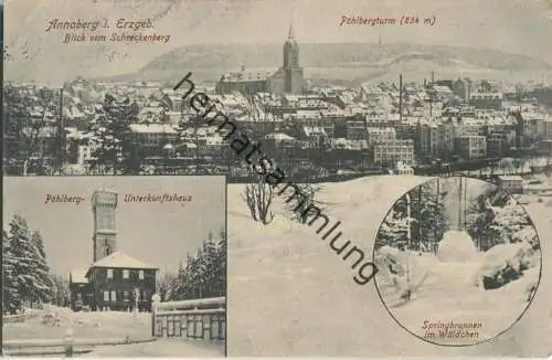 Annaberg - Blick vom Schreckenberg - Pöhlberg-Unterkunftshaus - Springbrunnen im Wäldchen - Verlag Albin Melche Annaberg