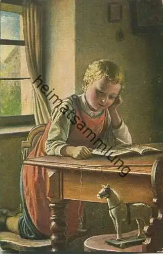 Mädchen - Holzpferd - Künstler-Ansichtskarte