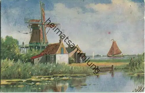Windmühle - Künstlerkarte - signiert J. Oudes