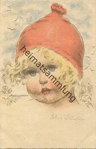 Kind mit roter Mütze - Künstlerkarte signiert Hedwig von Schlieben