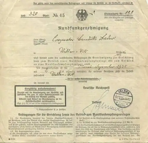Genehmigung für die Errichtung sowie den Betrieb von Rundfunkempfangsanlagen - Deutsche Reichspost Velden 1935