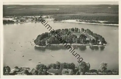Grünheide - Werlsee mit Insel - Flieger-Foto aus 100m Höhe - Foto-AK 30er Jahre - Verlag Klinke & Co. Berlin