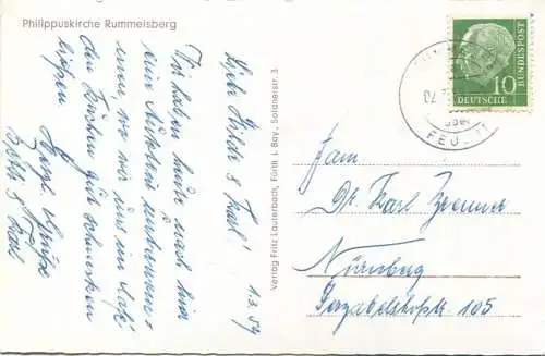 Schwarzenbruck - Philippuskirche Rummelsberg - Foto-AK - Verlag Fritz Lauterbach Fürth gel. 1959