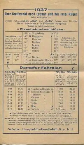 Deutschland - Saßnitzer Dampfschiffs-Gesellschaft GmbH - Sellin - Fahrplan 1937