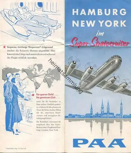 PAA Pan American Airways - Hamburg New York im Super-Stratocruiser - Faltblatt mit 6 Abbildungen 50er Jahre