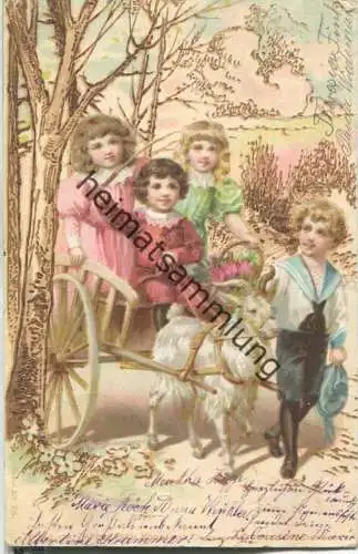 Kinder in Wagen mit Ziegenbock - Künstler-Ansichtskarte
