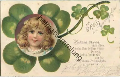 Mädchenkopf in Kleeblatt - Gruss aus ... - Künstler-Ansichtskarte (G46737y)gel. 1900