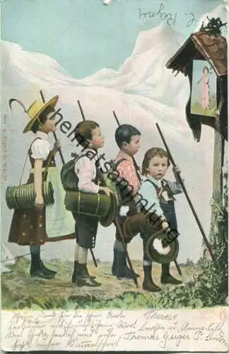 Kinder beim Wandern - Künstler-Ansichtskarte
