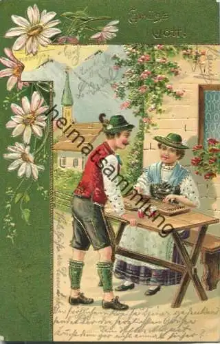 Liebespaar - Grüss Gott - Zither - Künstler-Ansichtskarte - Prägedruck