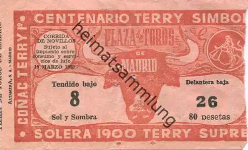 Spanien - Plaza Toros de Madrid - Corrida de Novillos 1959 - Eintrittskarte