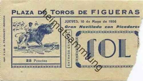 Spanien - Plaza de Toros de Figueras - Eintrittskarte 1956