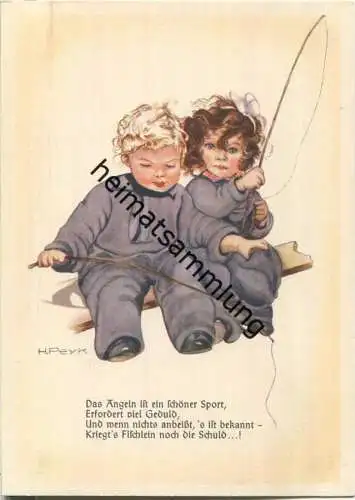 Mädchen und Junge beim Angeln - Künstler-Ansichtskarte Hilla Peyk