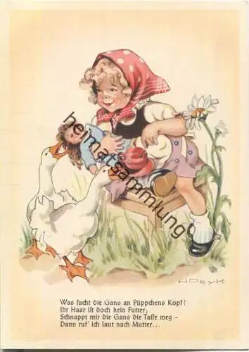 Mädchen mit Puppe und Gänsen - Künstler-Ansichtskarte Hilla Peyk