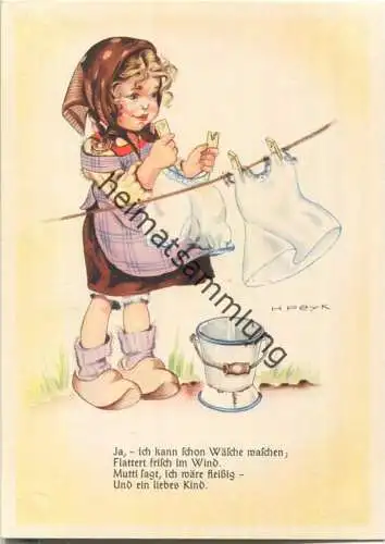 Mädchen hängt Wäsche auf - Künstler-Ansichtskarte Hilla Peyk