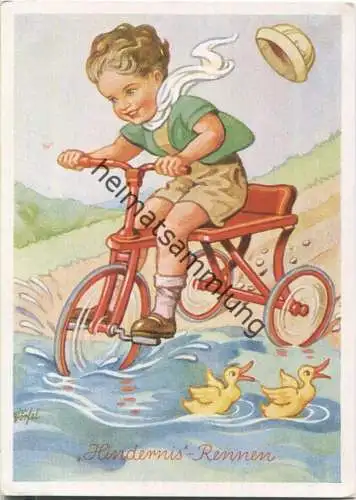 Hindernis-Rennen - Junge mit Dreirad - Künstlerpostkarte Dörfel