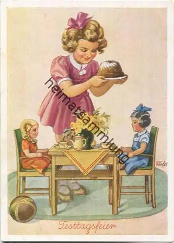 Festtagsfeier - Mädchen mit Gugelhupf - Künstler-Postkarte Dörfel