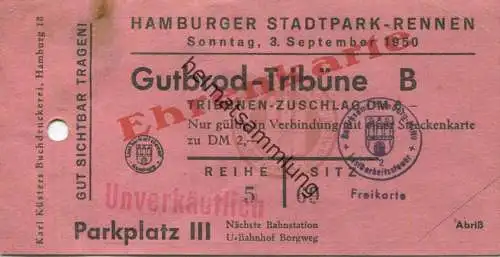 Deutschland - Hamburg - Hamburger Stadtpark-Rennen 1950 - Gutbrod-Tribüne Ehrenkarte