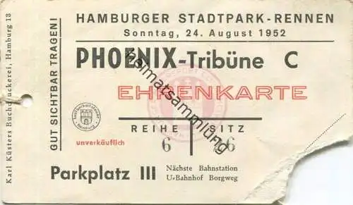 Deutschland - Hamburg - Hamburger Stadtpark-Rennen 1952 - Phoenix-Tribüne Ehrenkarte