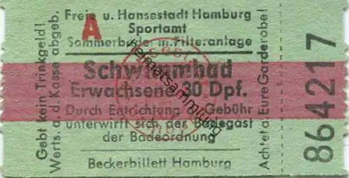 Deutschland - Hamburg - Eintrittskarte Schwimmbad Erwachsene 30Dpf. 50er Jahre