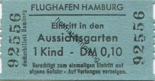 Deutschland - Flughafen Hamburg - Eintritt in den Aussichtsgarten - Eintrittskarte 1 Kind 50er Jahre