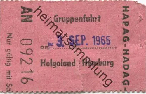 Deutschland - Hapag Hadag - Gruppenfahrt Helgoland Hamburg - Fahrschein 1965