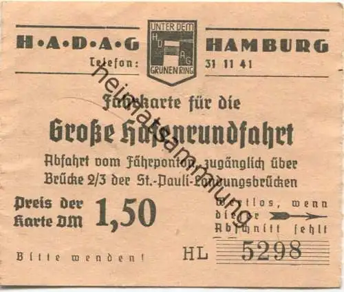 Deutschland - Hadag Hamburg - Fahrkarte für die Große Hafenrundfahrt - Hafen- Dampfschiffahrt AG Hamburg - Fahrschein 19
