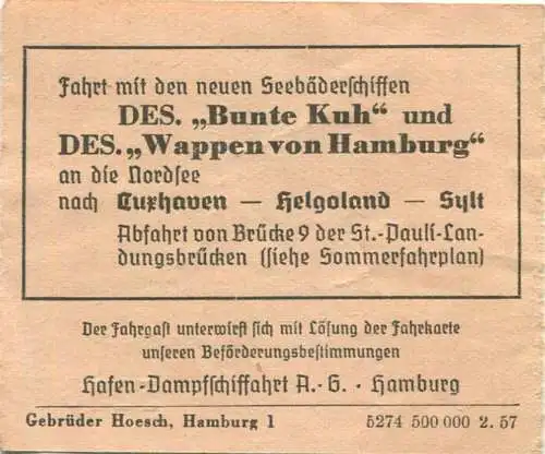 Deutschland - Hadag Hamburg - Fahrkarte für die Große Hafenrundfahrt - Hafen- Dampfschiffahrt AG Hamburg - Fahrschein 19