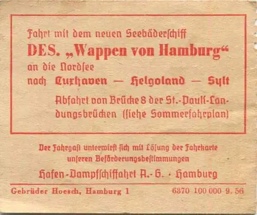 Deutschland - Hadag Hamburg - Kinderkarte für die Große Hafenrundfahrt - Hafen- Dampfschiffahrt AG Hamburg - Fahrschein