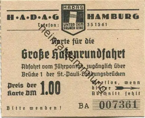 Deutschland - Hadag Hamburg - Karte für die Große Hafenrundfahrt - Hafen- Dampfschiffahrt AG Hamburg - Fahrschein 1951 -