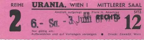 Österreich - Wien - Urania Kino Wien I Mittlerer Saal - Kinokarte 1961