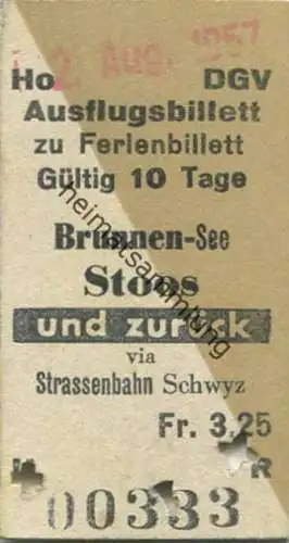 Schweiz - Ausflugsbillett zu Ferienbillett Brunnen See Stoos und zurück via Strassenbahn Schwyz - Fahrkarte 1957
