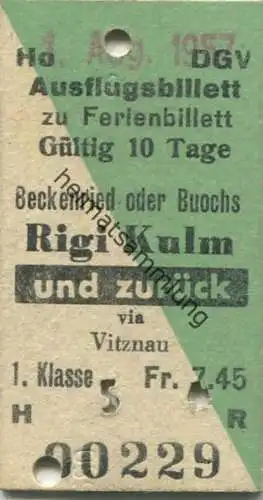 Schweiz - Ausflugsbillett zu Ferienbillett Beckenried oder Buochs Rigi Kulm und zurück via Vitznau - Fahrkarte 1. Klasse