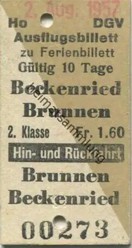 Schweiz - Ausflugsbillett zu Ferienbillett Beckenried Brunnen Hin- und Rückfahrt - Fahrkarte 2. Klasse 1957