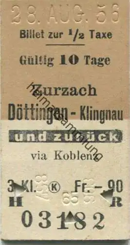 Schweiz - Zurzach Döttingen Klingnau und zurück via Koblenz - Fahrkarte 1956 1/2 Taxe 3. Kl.