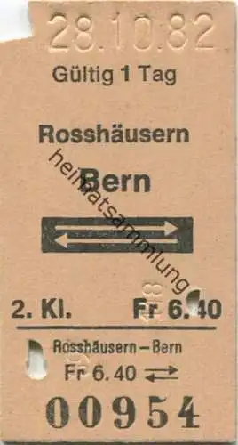 Schweiz - Rosshäusern Bern und zurück - Fahrkarte 1982