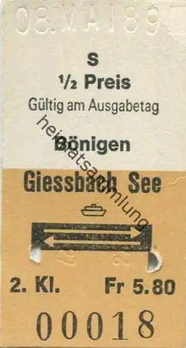 Schweiz - Bönigen Giessbach See und zurück - Fahrkarte 1/2 Preis 1989